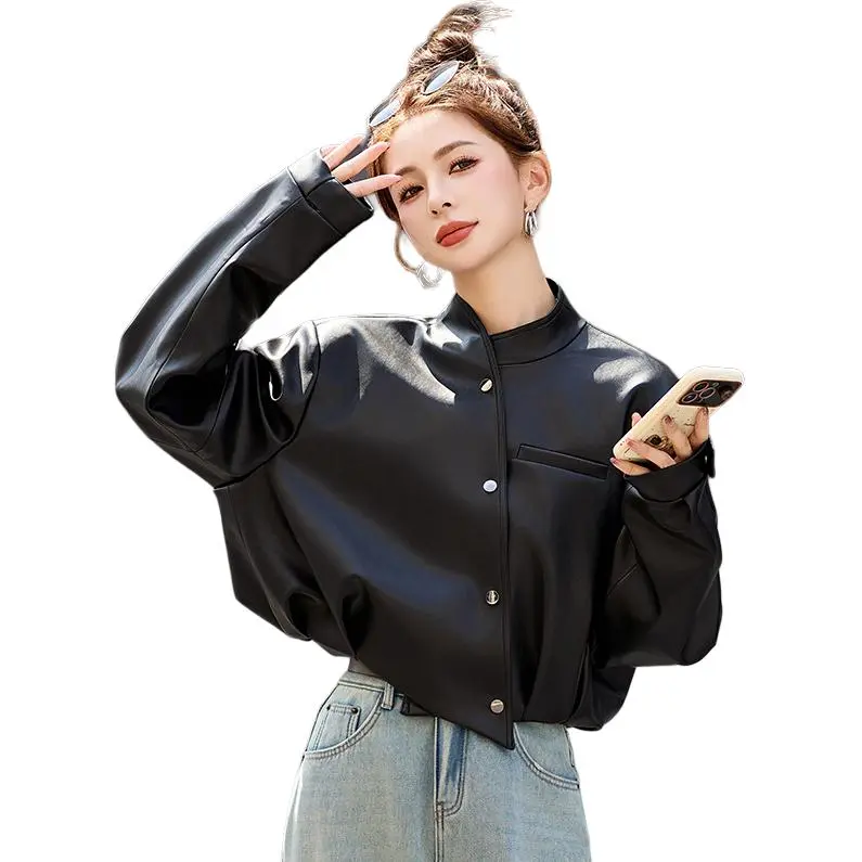 Yi Mengyuan Leather Jackets Coats Women's Black-3