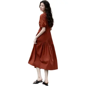 【dme】 Short Sleeved Dresses Women's Brick Red
