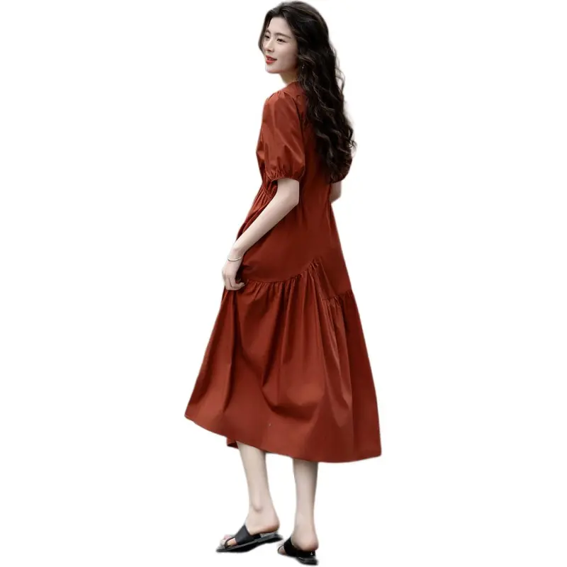【dme】 Short Sleeved Dresses Women's Brick Red-0