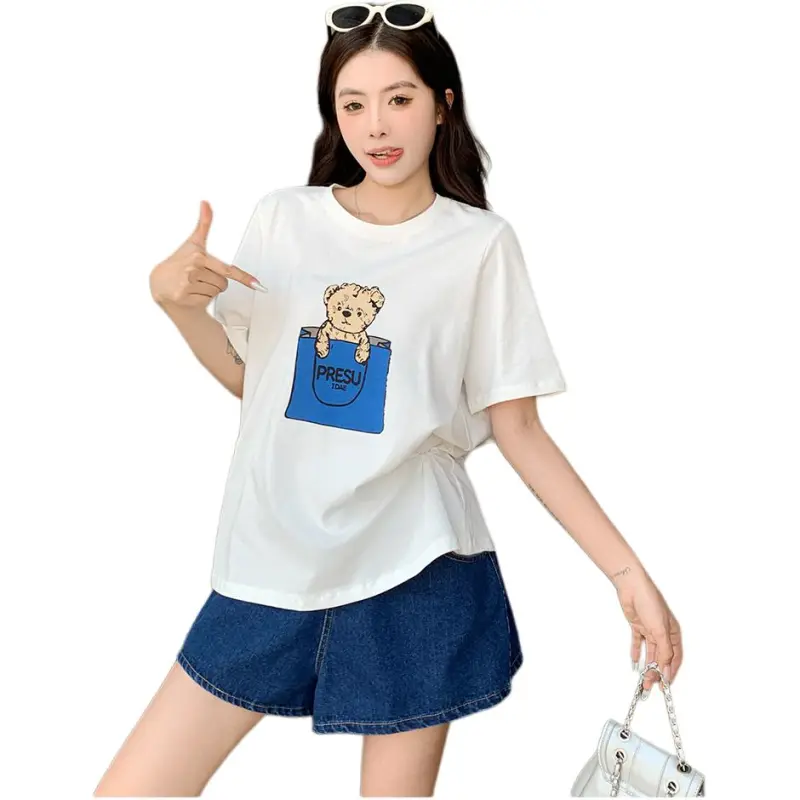 Mu Xiao Xin T Shirts Women's Pure White Blue Bear T Shirt-2