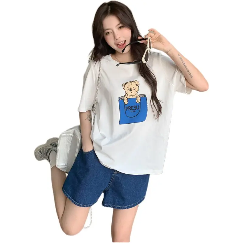 Mu Xiao Xin T Shirts Women's Pure White Blue Bear T Shirt-4