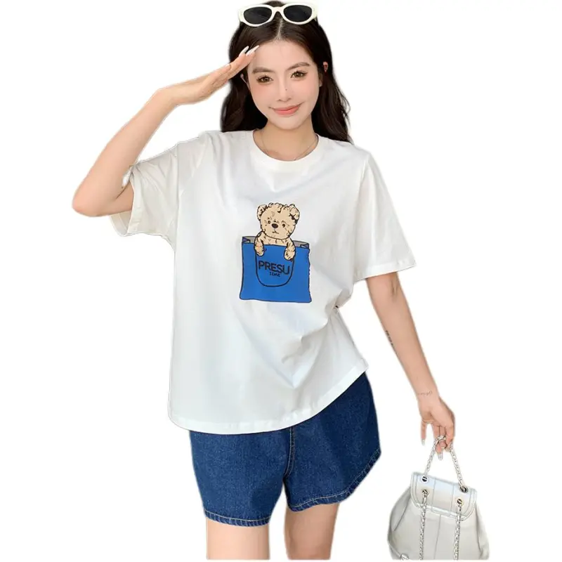 Mu Xiao Xin T Shirts Women's Pure White Blue Bear T Shirt-1