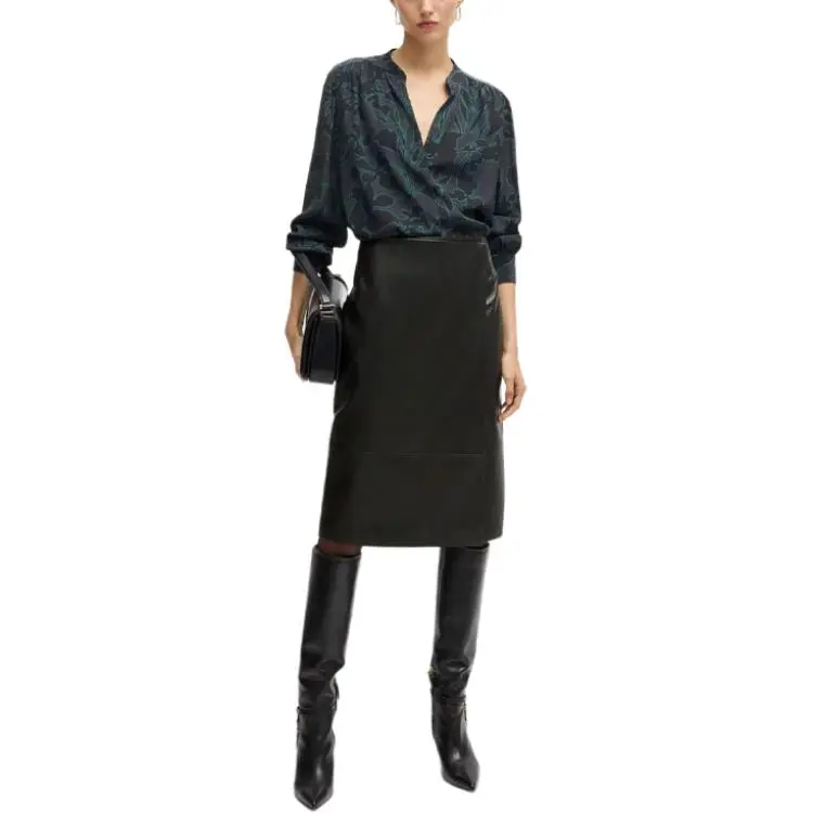 HUGO BOSS Leather Long Skirt Women's Black-1