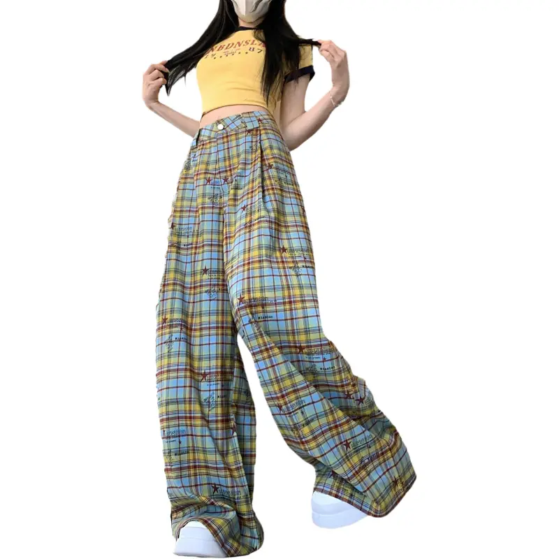 Mu Xiao Xin Casual Pants Women's Yellow Blue Plaid-3
