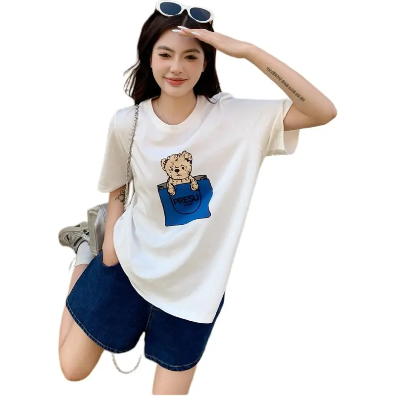 Mu Xiao Xin T Shirts Women's Pure White Blue Bear T Shirt-3