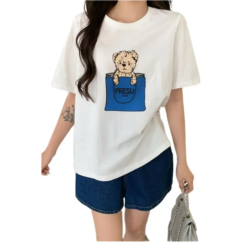 Mu Xiao Xin T Shirts Women's Pure White Blue Bear T Shirt-5