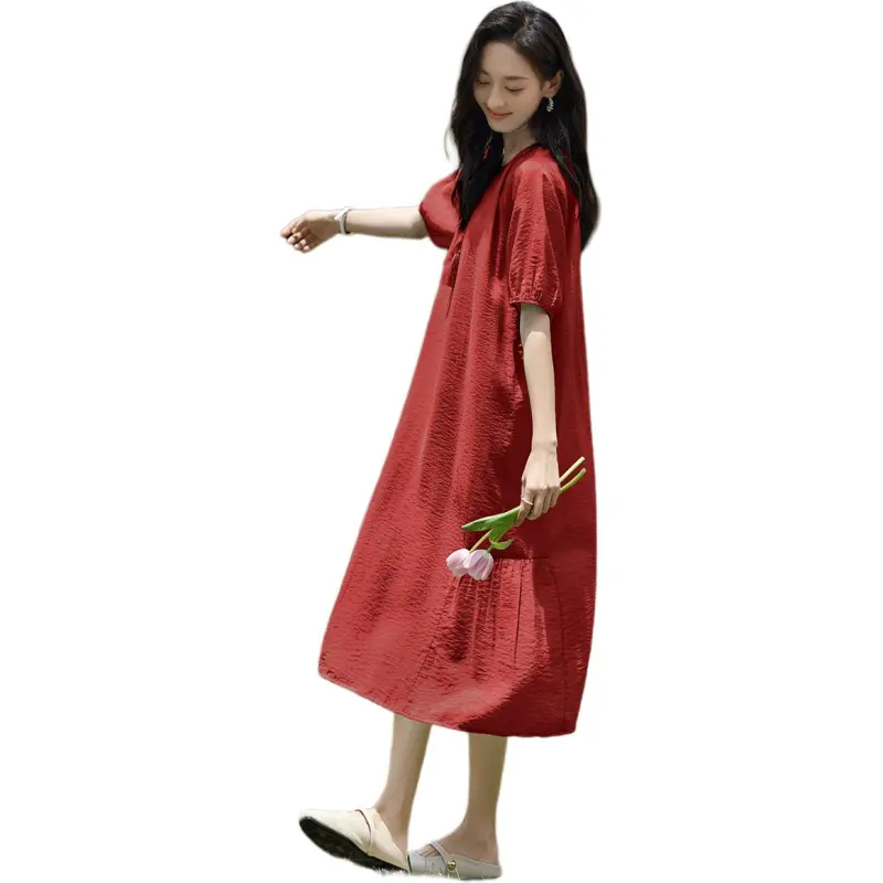 Mo Han Yi Mei Short Sleeved Dress Women's Dark Red-3