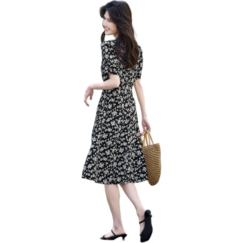 Still Quiet Short Sleeved Dress Women's Black Floral-0