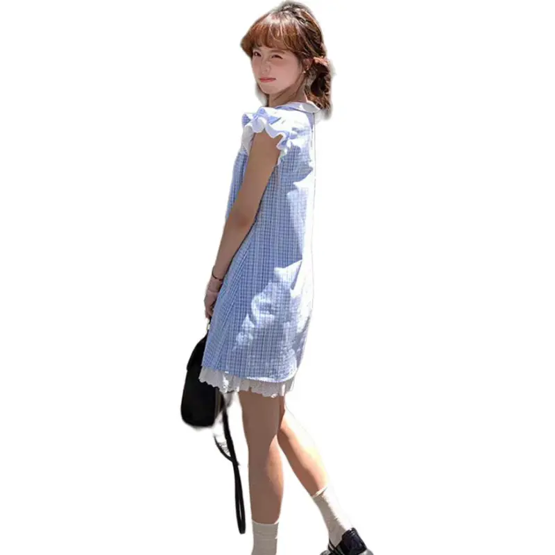 ABCMININ Short Sleeved Dress Women's Blue-1