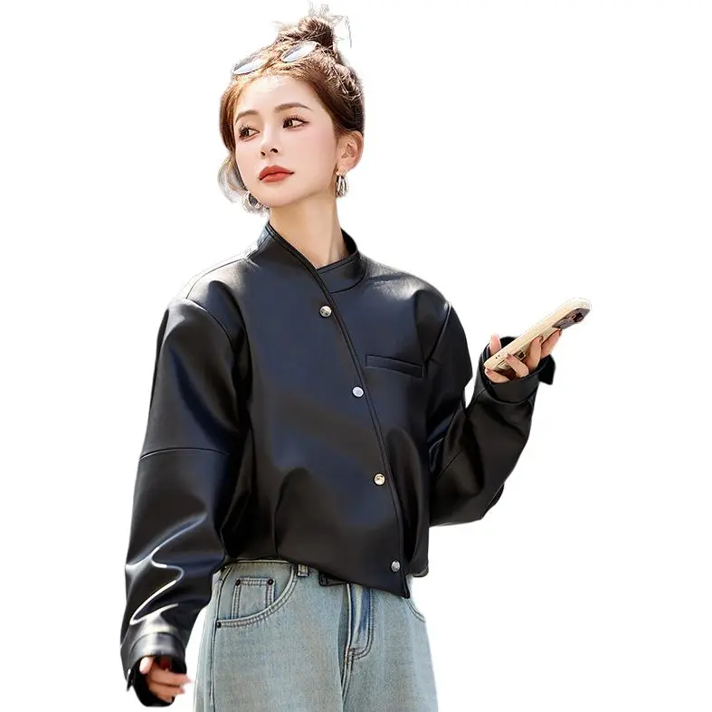 Yi Mengyuan Leather Jackets Coats Women's Black-4