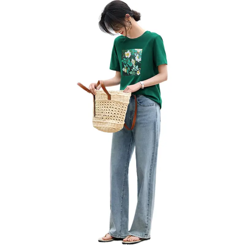 XWI SS24 Set in Sleeve T Shirt Women's Oil Painting Green-3
