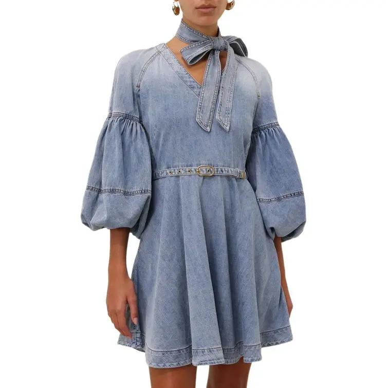 Zimmermann Tie neck Denim Mini Dress-1