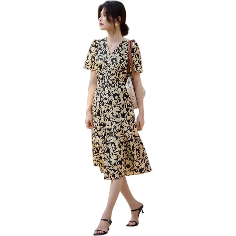 XWI SS24 Short Sleeved Dress Women's Yellow Black Bowknot Flower-2
