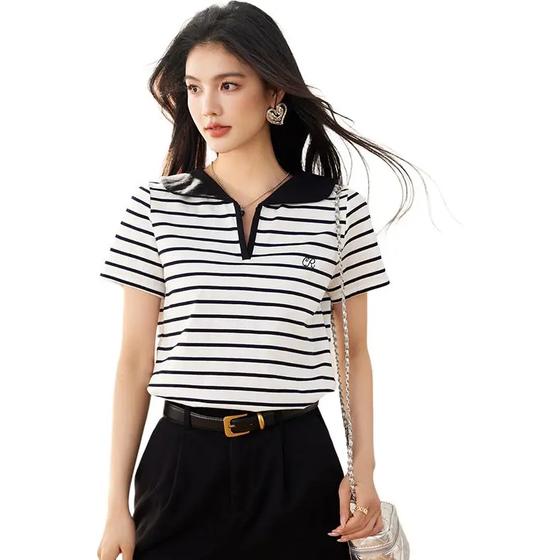 La Chapelle T Shirt Women's Black White Stripes-2