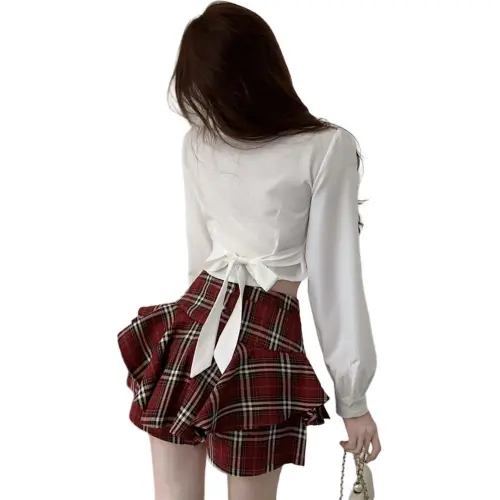 DGMZ Uniforms Women's White Shirt Plaid Skirt Clothing Set