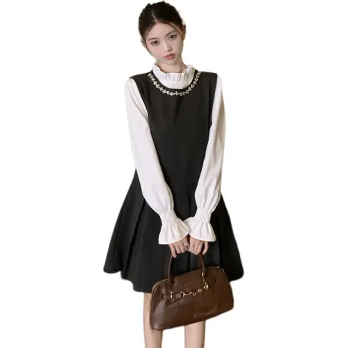 KAISER Two Piece Skirt Sets Women's White Ruffle Top+Gray Tank Dress