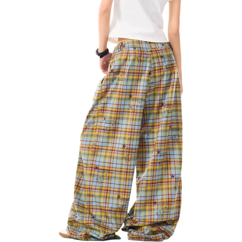 JIMI&JONS Casual Pants Unisex Yellow Blue Plaid-1
