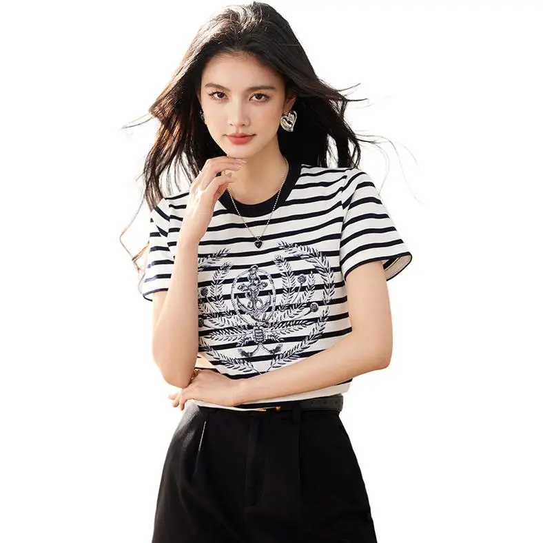 La Chapelle Regular T Shirt Women's Black White Stripes-0