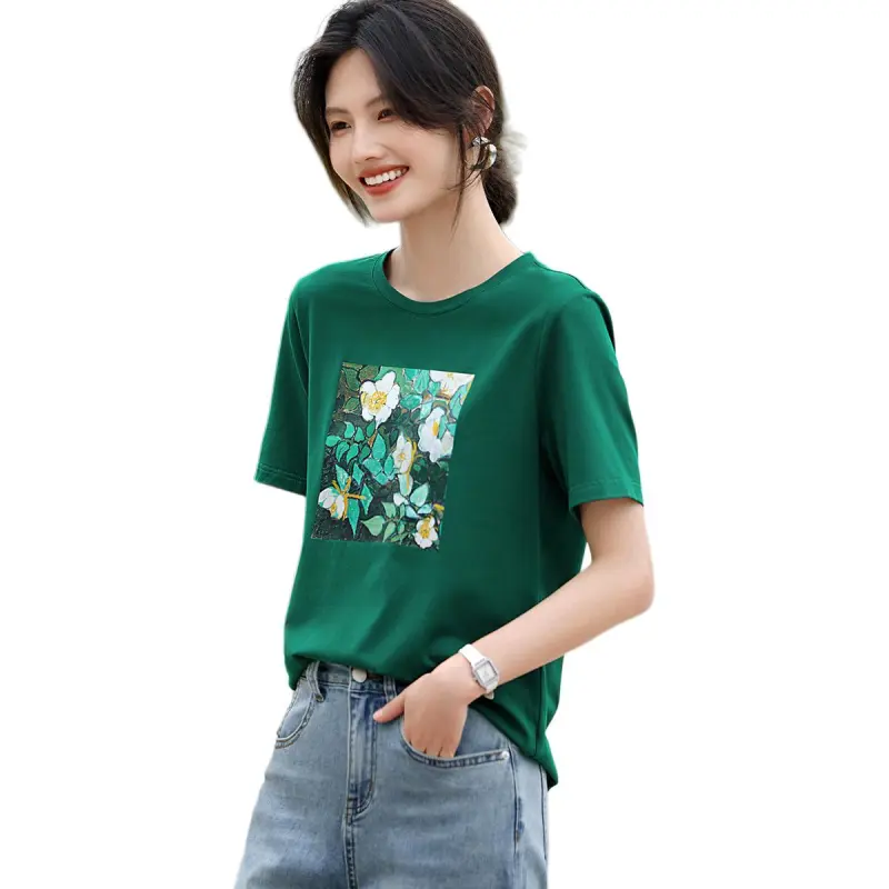 XWI SS24 Set in Sleeve T Shirt Women's Oil Painting Green-4