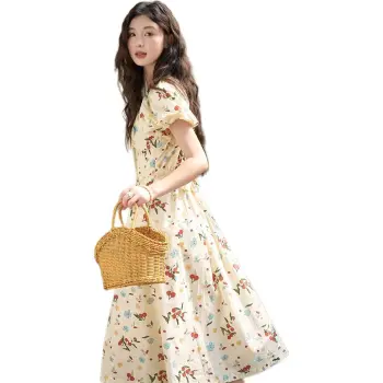 MISHOW Short Sleeved Dress Women's Apricot With Red Floral
