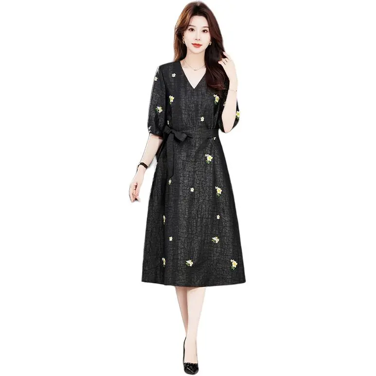 Yi Mengyuan Silk Short Sleeved Dress Women's Black-4