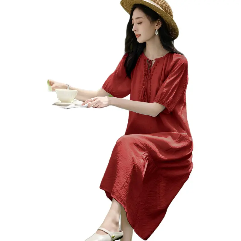 Mo Han Yi Mei Short Sleeved Dress Women's Dark Red-4