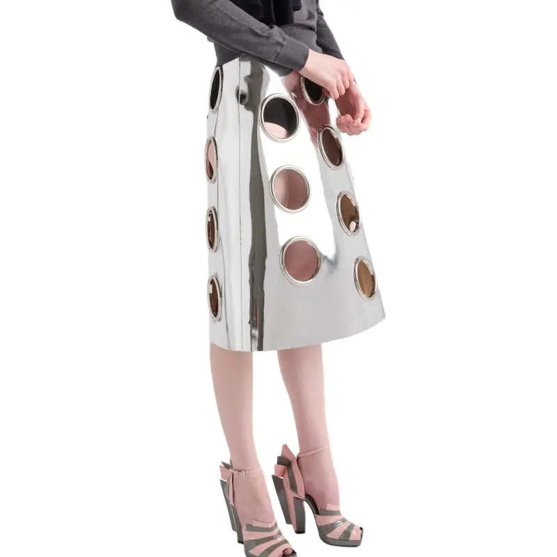 PRADA Leather Long Skirt Women's Silver-3
