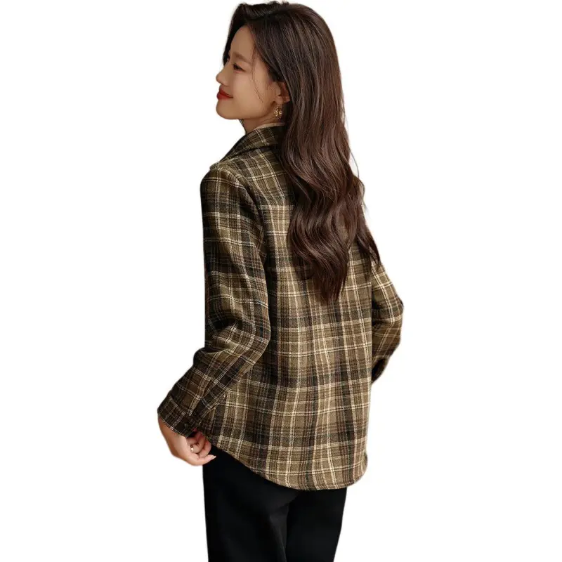 Mo Han Yi Mei Shirt Women's Green Coffee Plaid-1