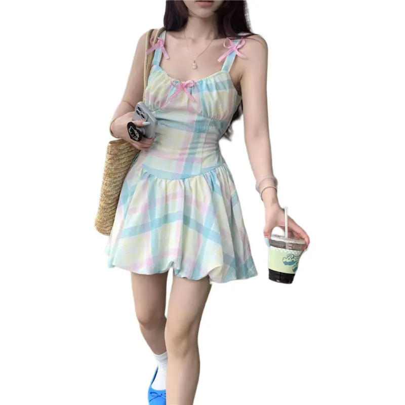 Mu Xiao Xin Slip Dress Women's Plaid Camisole Dress, Back Cinched Waist Strap-0