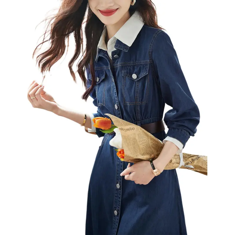 Mo Han Yi Mei Long Sleeved Dresses Women's Denim Blue-3