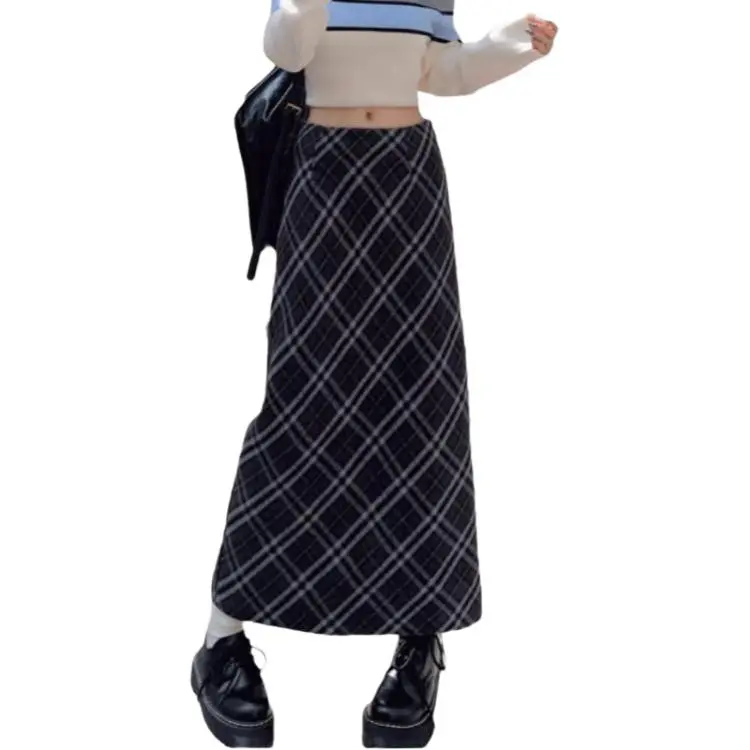 Kazakhstan Casual Long Skirts Women's Black Plaid-3