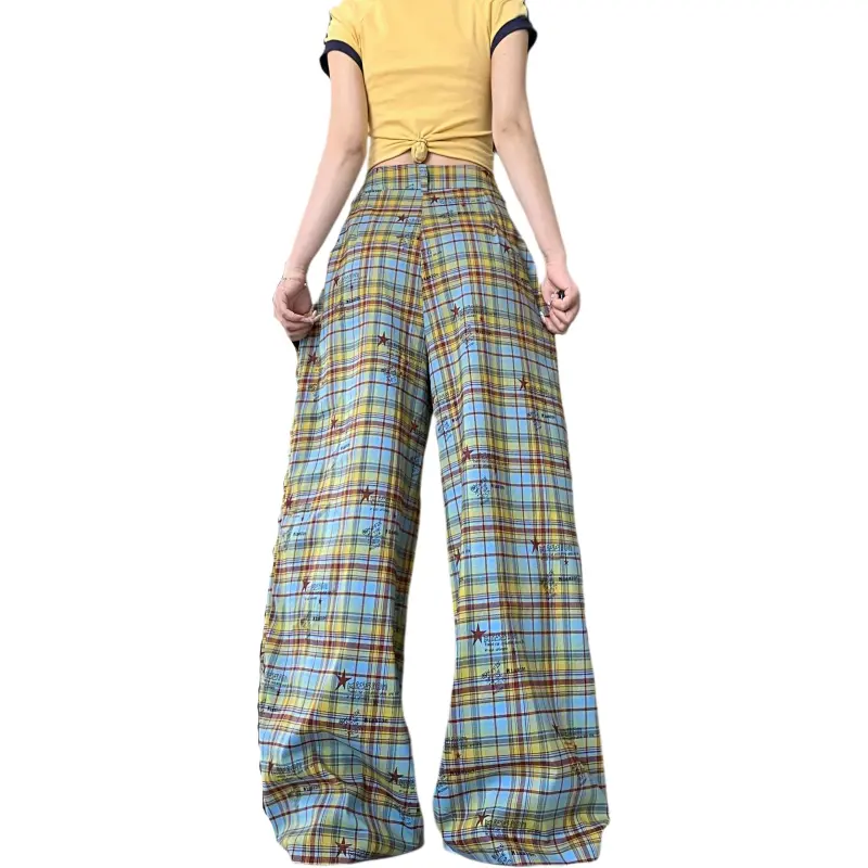 Mu Xiao Xin Casual Pants Women's Yellow Blue Plaid-1