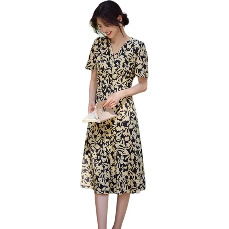 XWI SS24 Short Sleeved Dress Women's Yellow Black Bowknot Flower-3