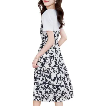 Mo Han Yi Mei Short Sleeved Dress Women's Navy Blue & White