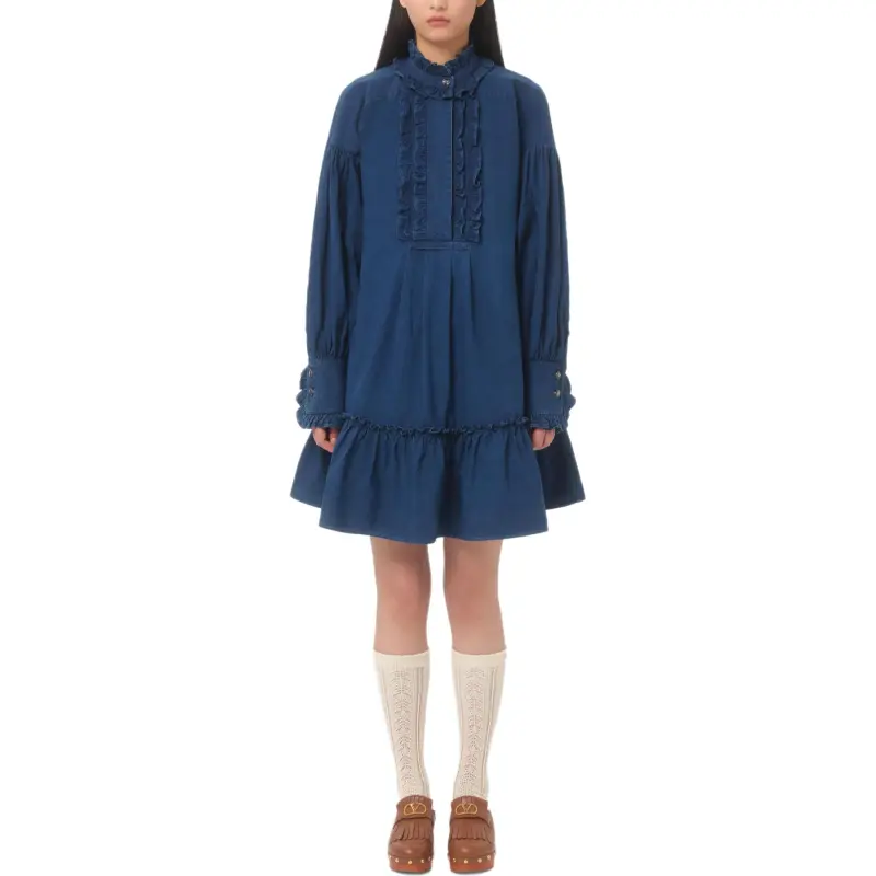 Valentino Ruffled Long Sleeved Denim Dress-1
