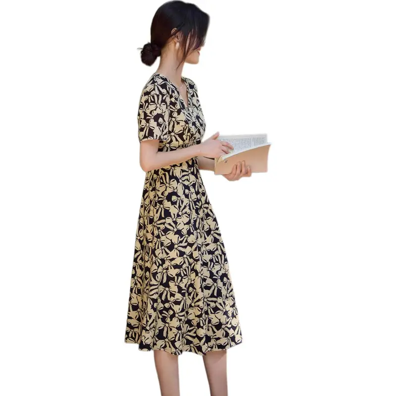 XWI SS24 Short Sleeved Dress Women's Yellow Black Bowknot Flower-4