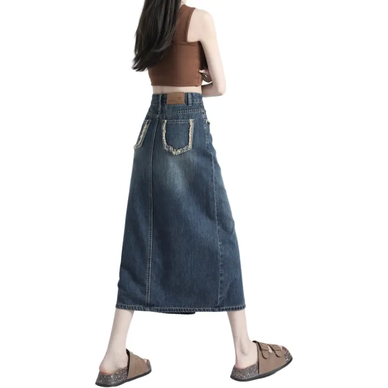 Rose Denim Long Skirts Women's Vintage Blue-1