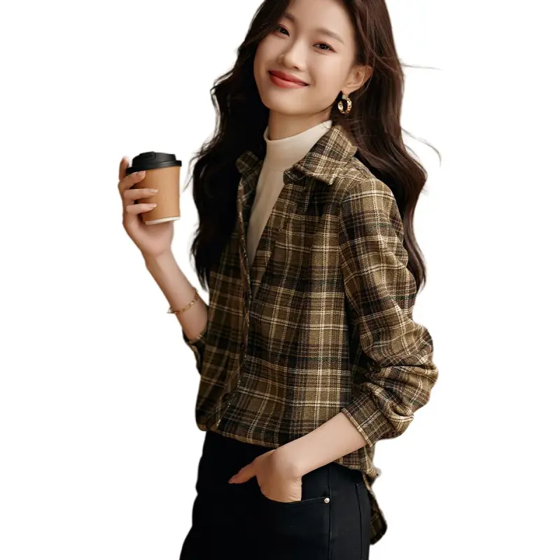 Mo Han Yi Mei Shirt Women's Green Coffee Plaid-2