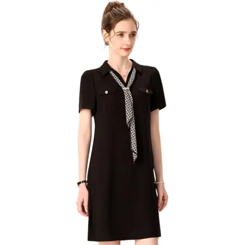 FENHONGMALI Spring, Summer, Fall Short Sleeved Dress Loose Fit Women's Black