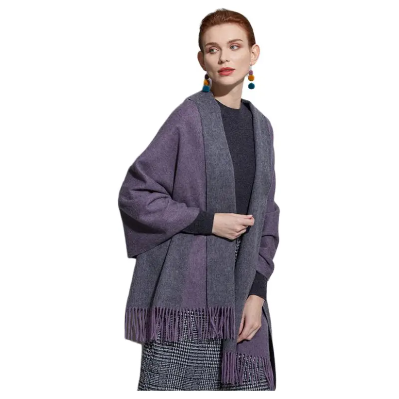 H YXIANG 100% Wool Shawls Women's Purple/Dark Gray-1