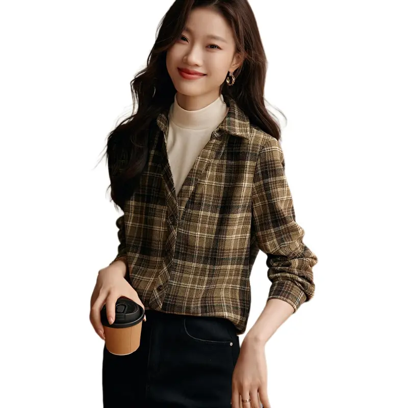 Mo Han Yi Mei Shirt Women's Green Coffee Plaid-3