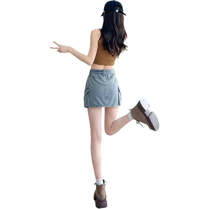 Flowers In Water Denim Short Skirts Women's Blue-1