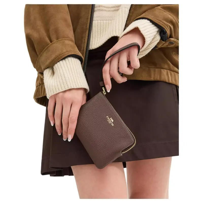 COACH Corner Zip Refined Pebble Pattern Leather Clutch Mini Women's Dark Stone Color-4