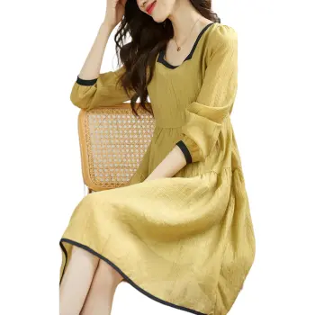 Mo Han Yi Mei Long Sleeved Dress Women's Yellow Green