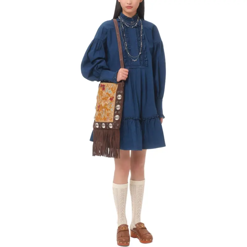 Valentino Ruffled Long Sleeved Denim Dress-4