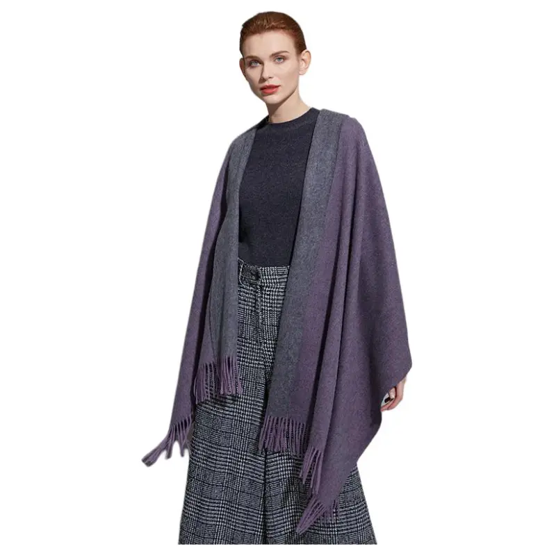 H YXIANG 100% Wool Shawls Women's Purple/Dark Gray-2