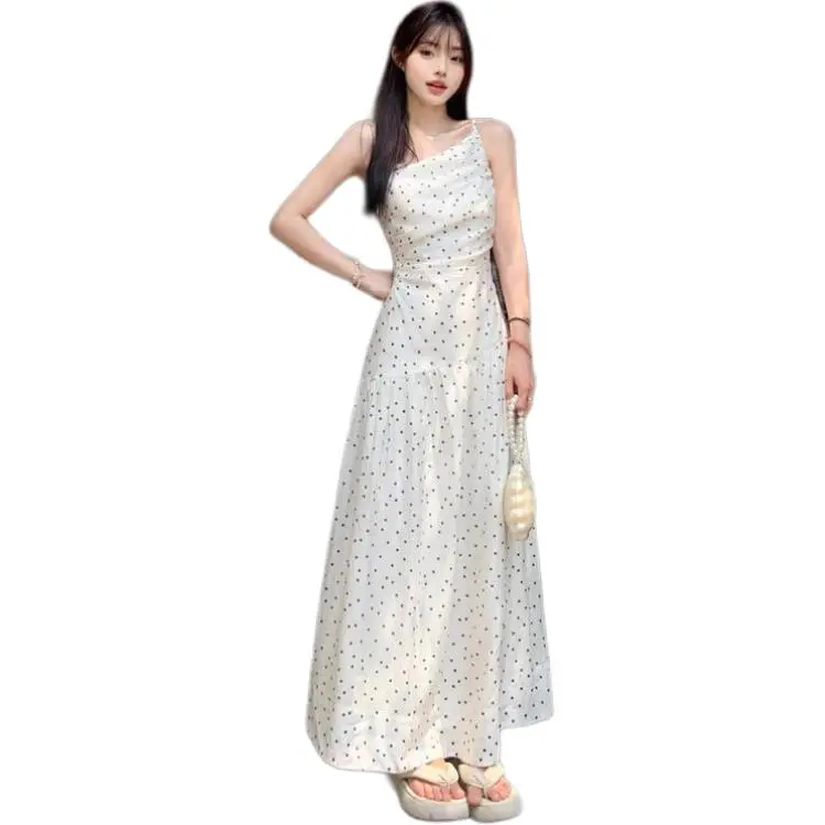 XIANSINIAO Slip Dresses Women's Asymmetrical Shoulder Polka Dot Dress-2