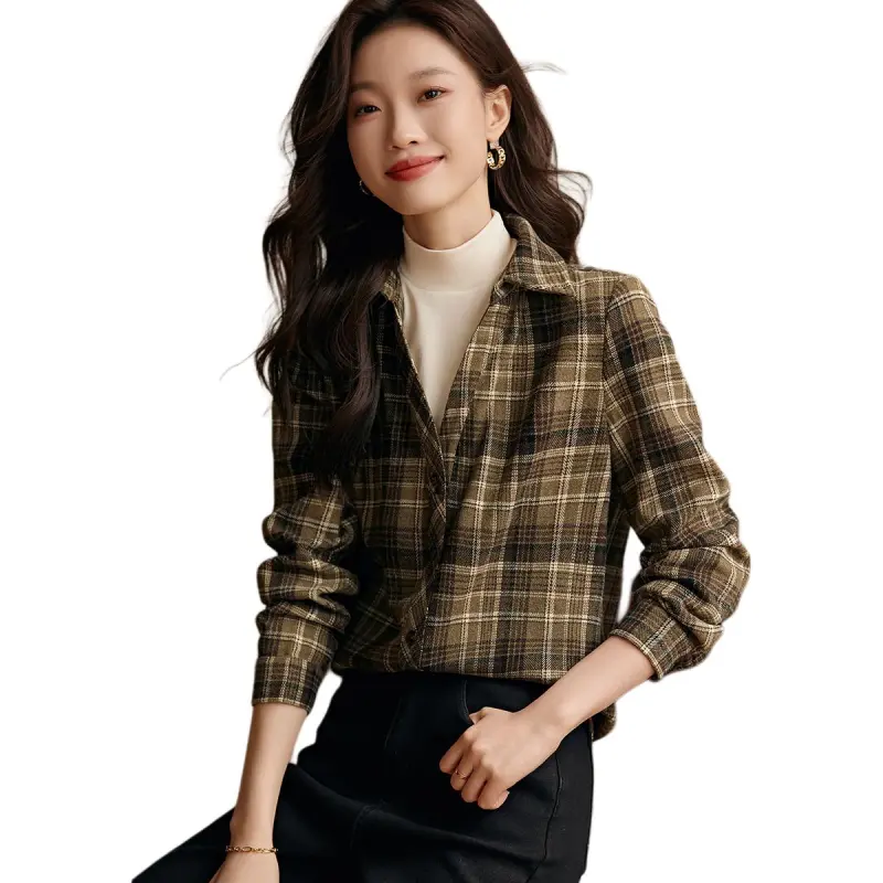 Mo Han Yi Mei Shirt Women's Green Coffee Plaid-4