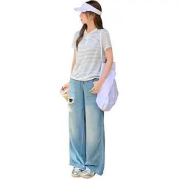Mu Xiao Xin T Shirts Women's Blue Stripes