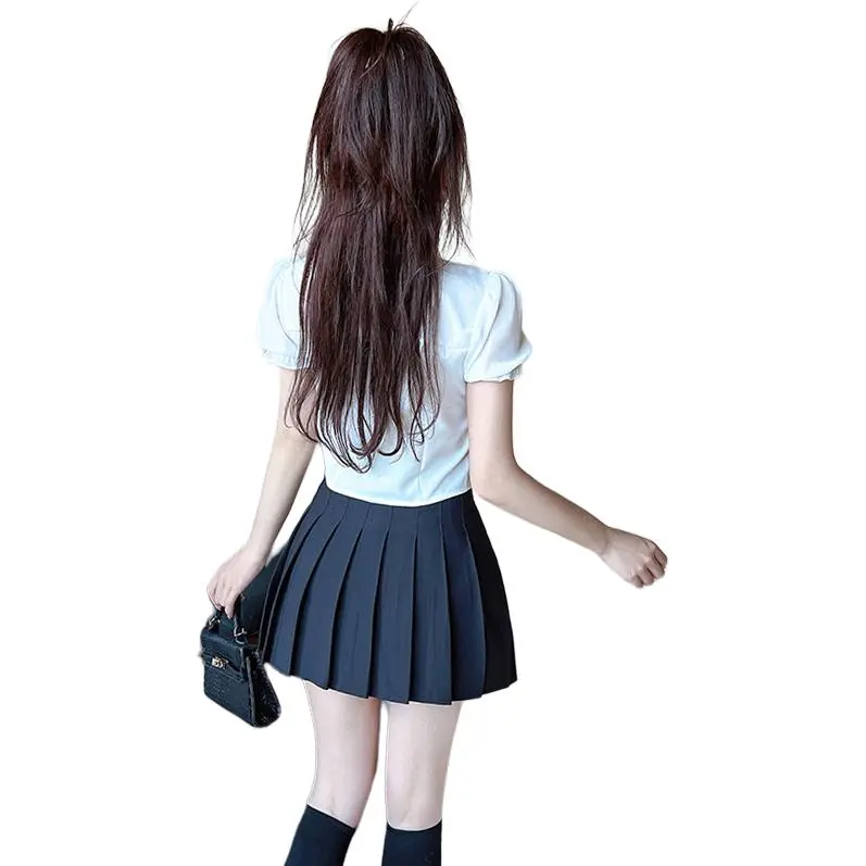 DGMZ Uniforms Women's White Top Bow Tie+Black Skirt Set-1